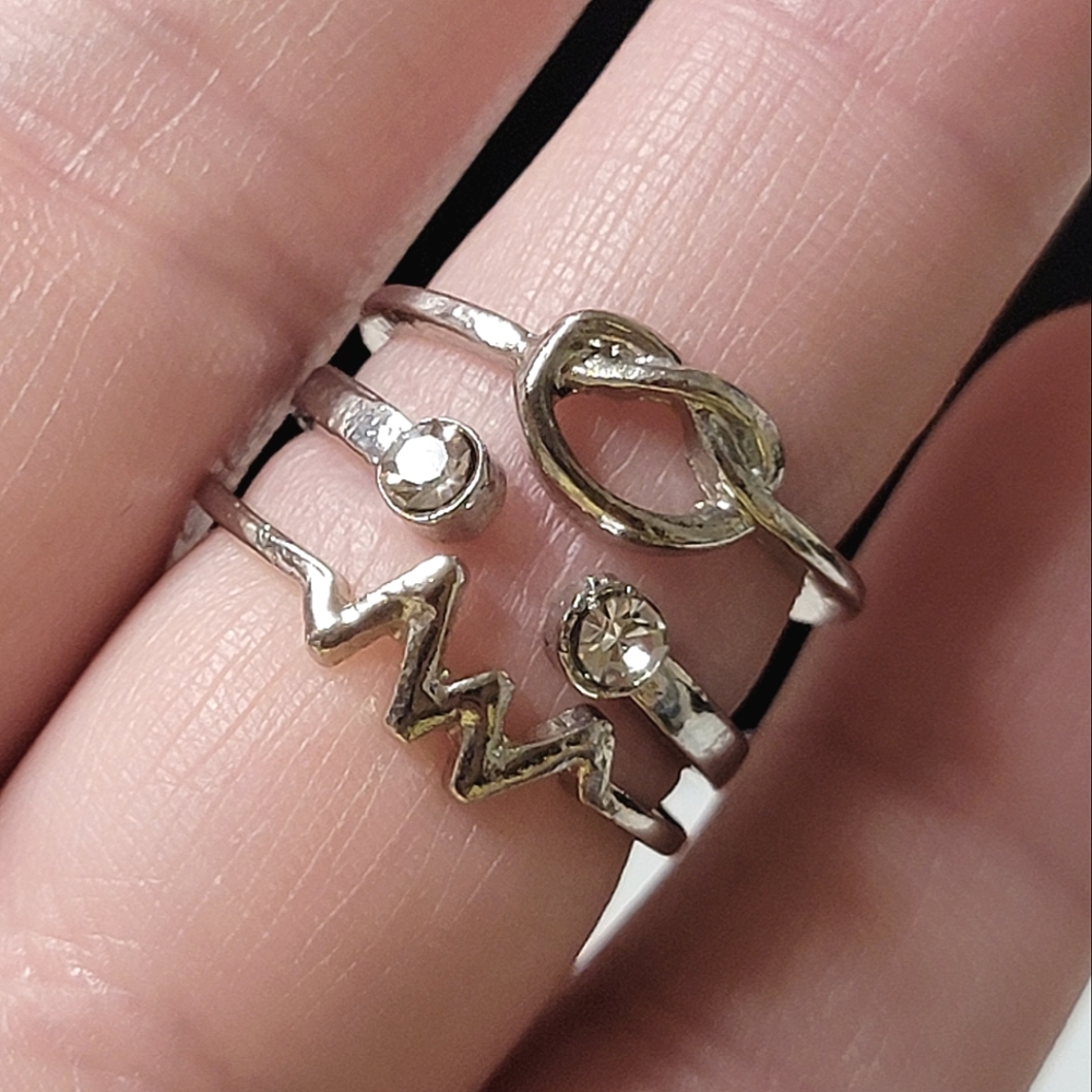 Three Stacking Rings - Love Knot - Heart Beat - Open Rhinestone
